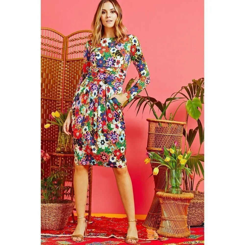 Onjenu Women’s Sydney Dress Mixed Print Long Sleeved Fitted Stretch Jersey Knee